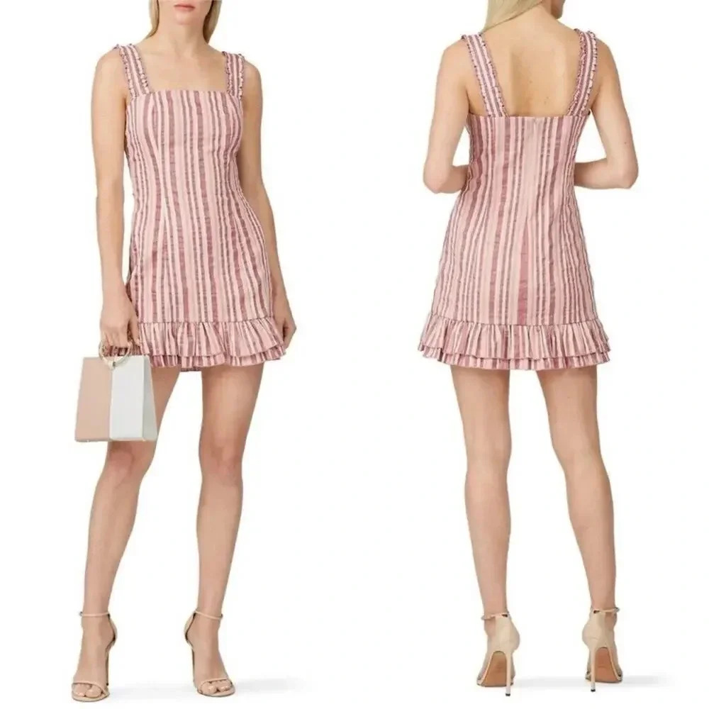 Alexis Womens Brandy Mini Dress Pink Rose‎ Stripe Wide Ruffle Shoulder Medium